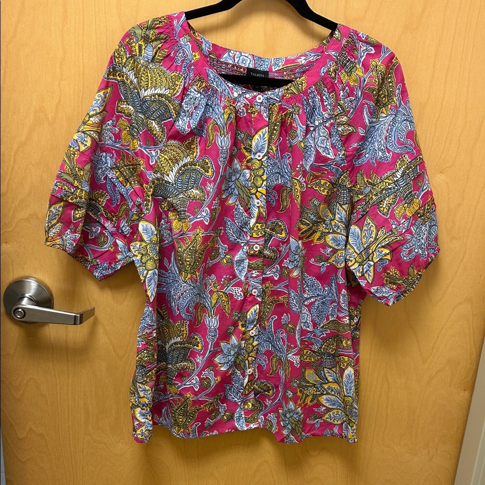 Talbots Pink and Blue Floral Button Front Blouse